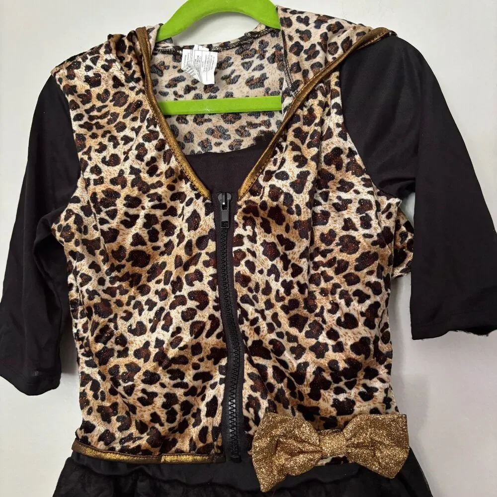 Girls Leopard Cat Costume Size 7-8 Hood Ears Tail Tutu Dress Halloween Cheetah